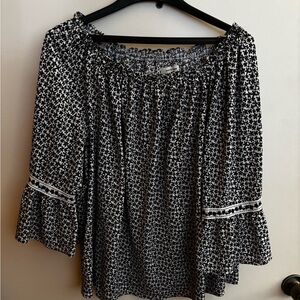 Smocked Neck Black & White Floral Peasant Blouse